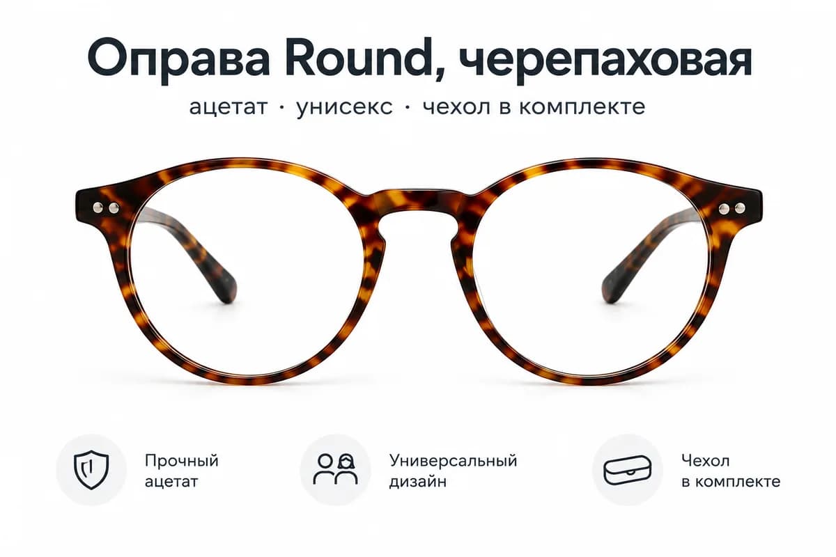 Карточка товара с надписью «Оправа Round, черепаховая» и тремя иконками