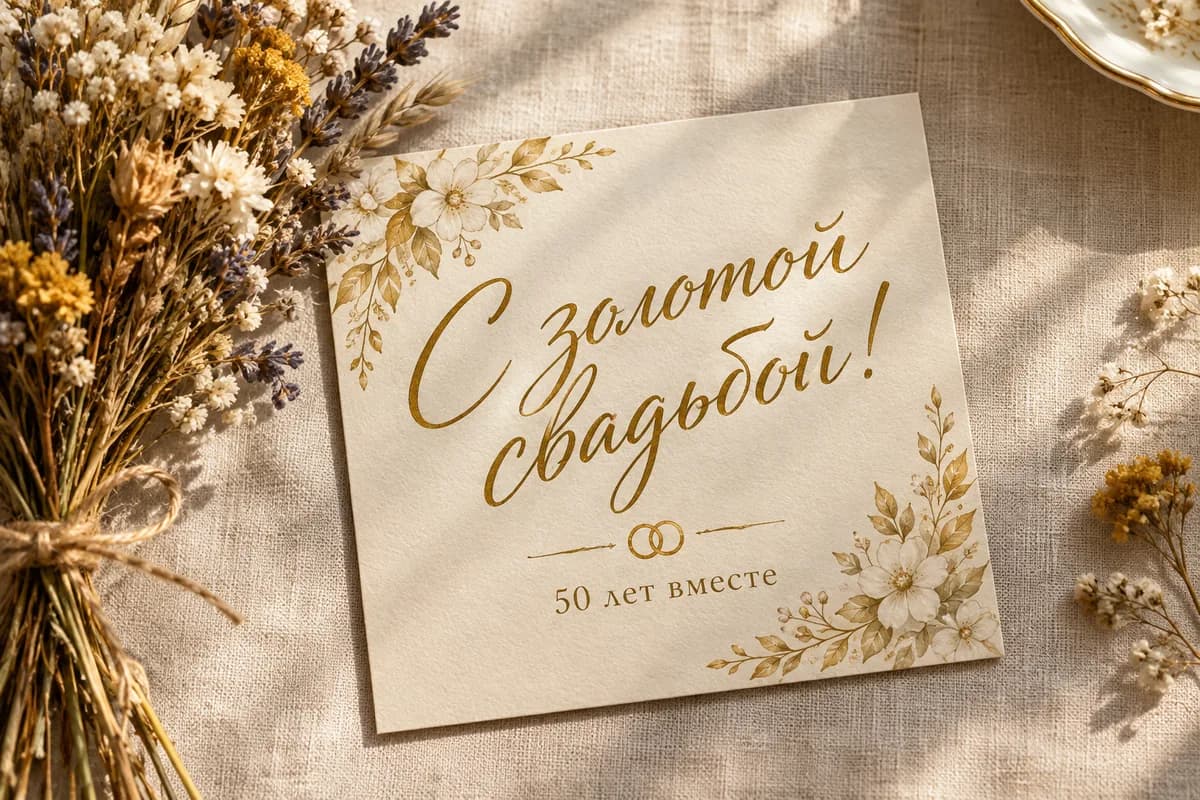 Открытка с золотой каллиграфией «С золотой свадьбой!» и подписью «50 лет вместе»
